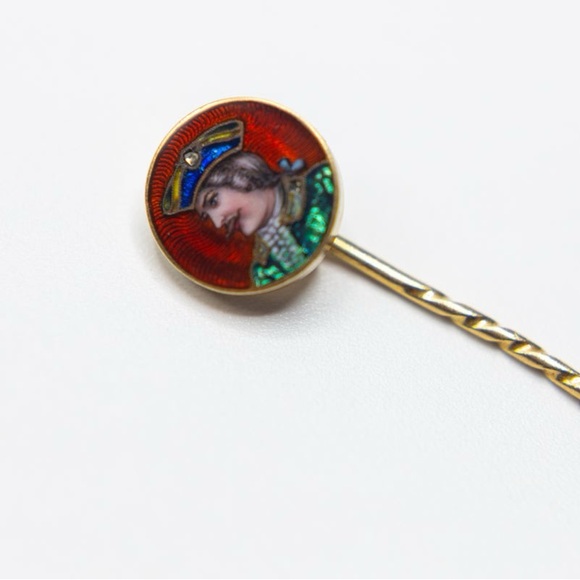 Antique guilloche enamel portrait stick pin in 18k gold